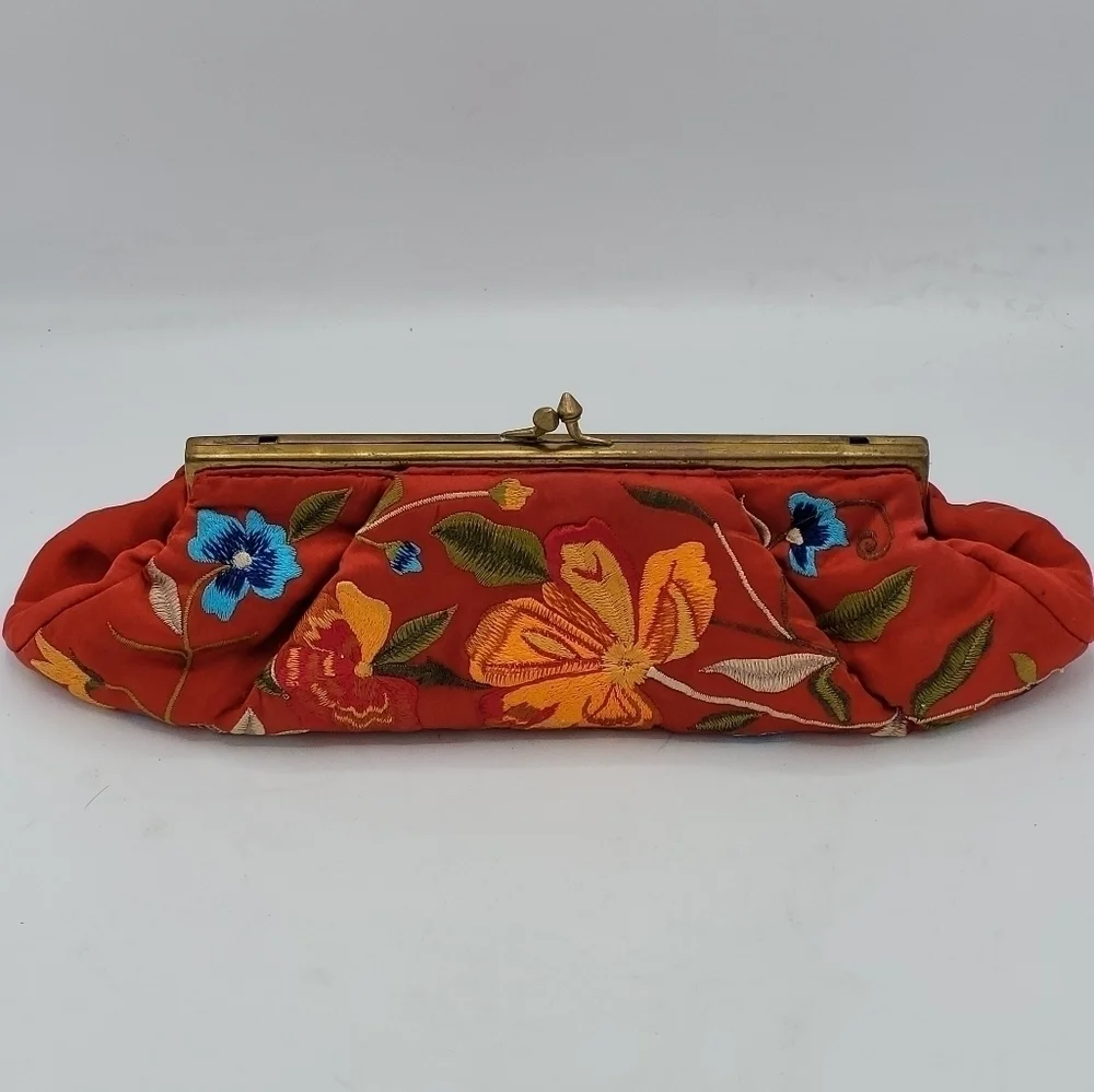 MOYNA from MOYNA Bags, Red Satin Multicolor Floral Satin Clutch.